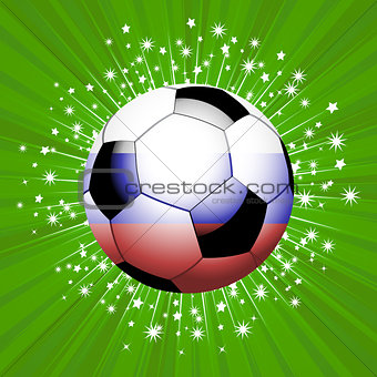 Football soccer ball in red blue and white on star burst