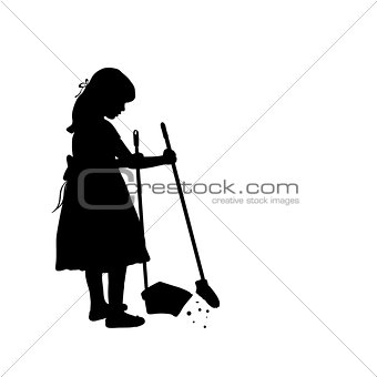 Silhouette girl is cleaning sweeps the floor