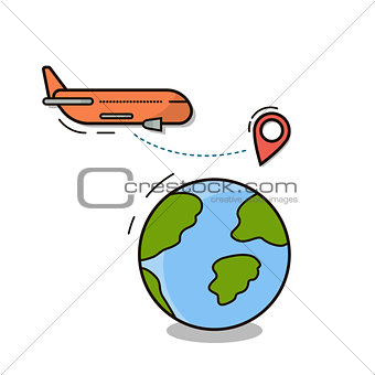 Travel Icon Isolated Plane Fly Over World Globe With Map Pointers Vector Illustration