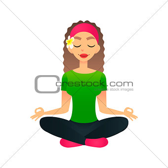 Cartoon young beautiful girl practicing yoga in a lotus pose. Flat women meditates and relaxes. Physical and spiritual therapy concept. Mind body spirit. Lady in lotus position