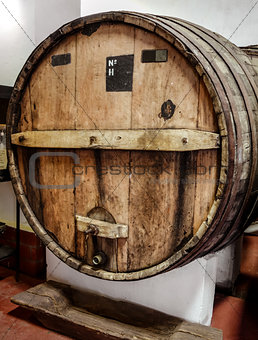wood wine barrels in a winery