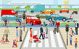 City with pedestrian crossing and road traffic, illustration