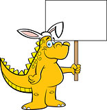 Cartoon Dinosaur Wearing Rabbit Ears and Holding a Sign