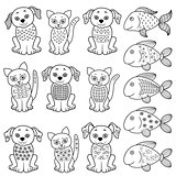 Set of cartoon cats, dogs and fishes