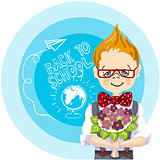 smile boy red glasses with bouquet flowers stand near blue background, with letters and paintings, back to school, white chalk, drawing airplane and globe with chalk on a blackboard