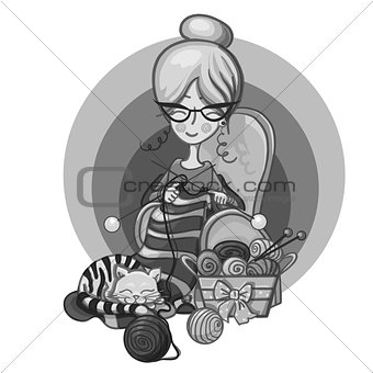 woman grandma sits in a Chair and knitting needles striped, cat sleep on her knitting around the scattered balls, cartoon cute smiling character