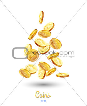 Realistic Gold coins falling down. Isolated on white background.
