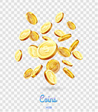 Realistic Gold coins falling down. Isolated on transparent background.
