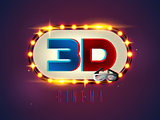 The word 3D cinema, surrounded by a luminous frame a on a retro background. The new, design of the movie banner, for your business