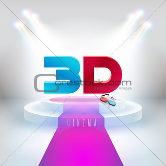 Words 3D movies and 3D glasses on the podium with a red carpet. New banner to register your business