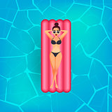 Cartoon sweet girl in sun glasses is floating on an inflatable mattress in the pool at private villa. Young woman enjoying suntan. Flat vector lady in bikini on the pink air mattress. Vacation or summer holidays concept.