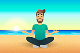 Cartoon flat happy man sitting on beach and meditating. Illustration of handsome male relaxed calm in lotus pose. Man Yoga - relaxation in the coast. Relax vacation summer holidays concept.