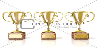 Three golden cup trophies. 3D