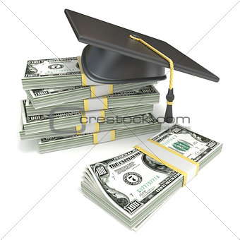 Education concept. Graduation cap on stack of dollar bills. 3D