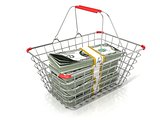 Steel wire shopping basket full of dollars stacks