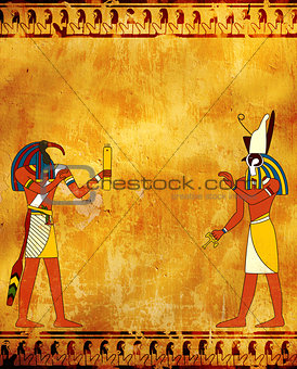 Grunge background with Egyptian gods images Toth and Horus