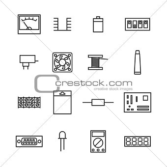 Electronic and radio components from thin line, vector illustration.