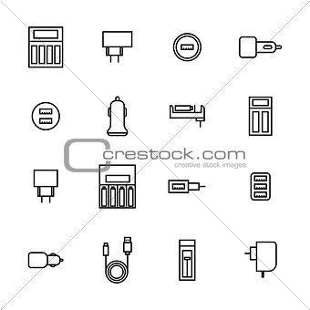 Icons of chargers from thin lines, vector illustration.