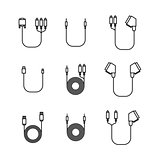 Icons of cord and cable with plugs of thin lines, vector illustration.