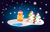 Composition of gingerbread snowman and fir trees in the night sky and snowfall. Christmas card, vector illustration.