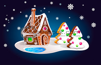 Composition of gingerbread house and fir trees in the night sky and snowfall. Christmas card, vector illustration.
