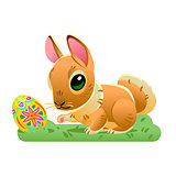 Easter bunny with the egg on the grass. Vector cartoon illustration isolated on white background. Cute rabbit character for the holiday design and cards.