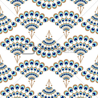 Peacock geometric wave fan seamless vector pattern.