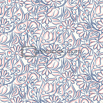 Engraving line sketch style flower seamless pattern.
