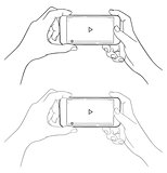 Hands holding phone, sketch style.