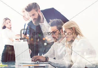 Businessman in office connected on internet network. concept of startup company. double exposure