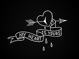 Broken heart with arrow through it and blood drops. Old school tattoo design aboul love. Vector illustration.