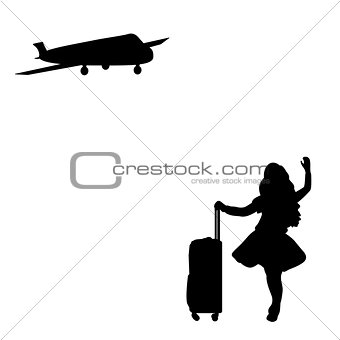 Silhouette girl standing with suitcase waiting for plane