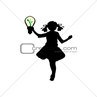 Silhouette girl holds lamp  sprout