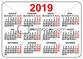 2019 compact grid pocket calendar first day Monday
