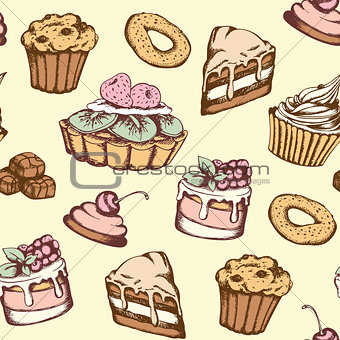 Seamless pattern with candies and cakes
