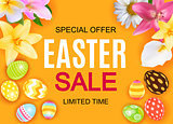 Happy Easter Cute Sale Poster  Background with Eggs and Flowers. Vector Illustration