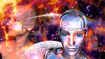 Artificial Intelligence - Robot woman connected to a female