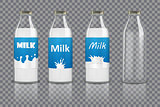 Set of realistic glass bottles with milk and without. Milk bottle with different labels isolated. Dairy Healthy product design packaging for branding. vector illustration