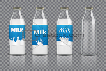 Set of realistic glass bottles with milk and without. Milk bottle with different labels isolated. Dairy Healthy product design packaging for branding. vector illustration