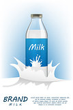 Milk bottle realistic package mock up with Liquid splash background. Healthy beverage glass bottle with milk drink for ads or magazine design. 3d vector illustration.