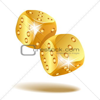 Two golden falling dice isolated on white