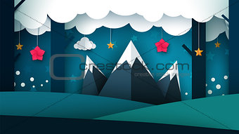 Cartoon night landscape. Mountain illustration.