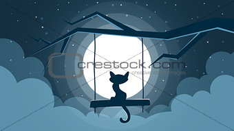 Cat illustration. Cartoon night landscape.