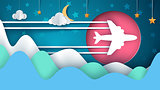Airplane illustration. Cartoon paper landscape. Cloud, moon, star, mountan.