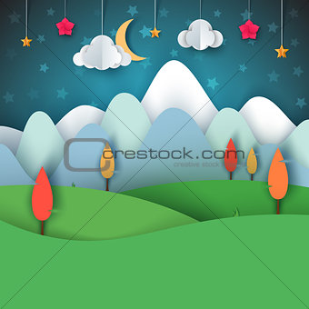 Cartoon paper landscape. Moon, cloud, star, tree, landscape.