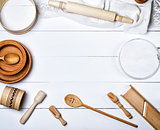 wooden round plates, sieve and rolling pin, round cutting board 