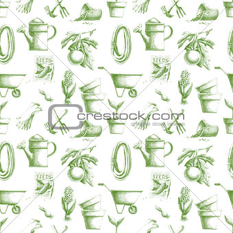 Seamless pattern with hand-drawn gardening elements