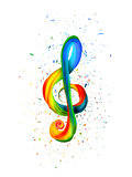 Colorful treble clef in the form of twisted paint on a white background