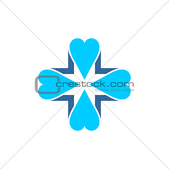 Blue vector cross covered by four blue hearts