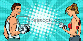 fitness sports background, man and woman with dumbbells